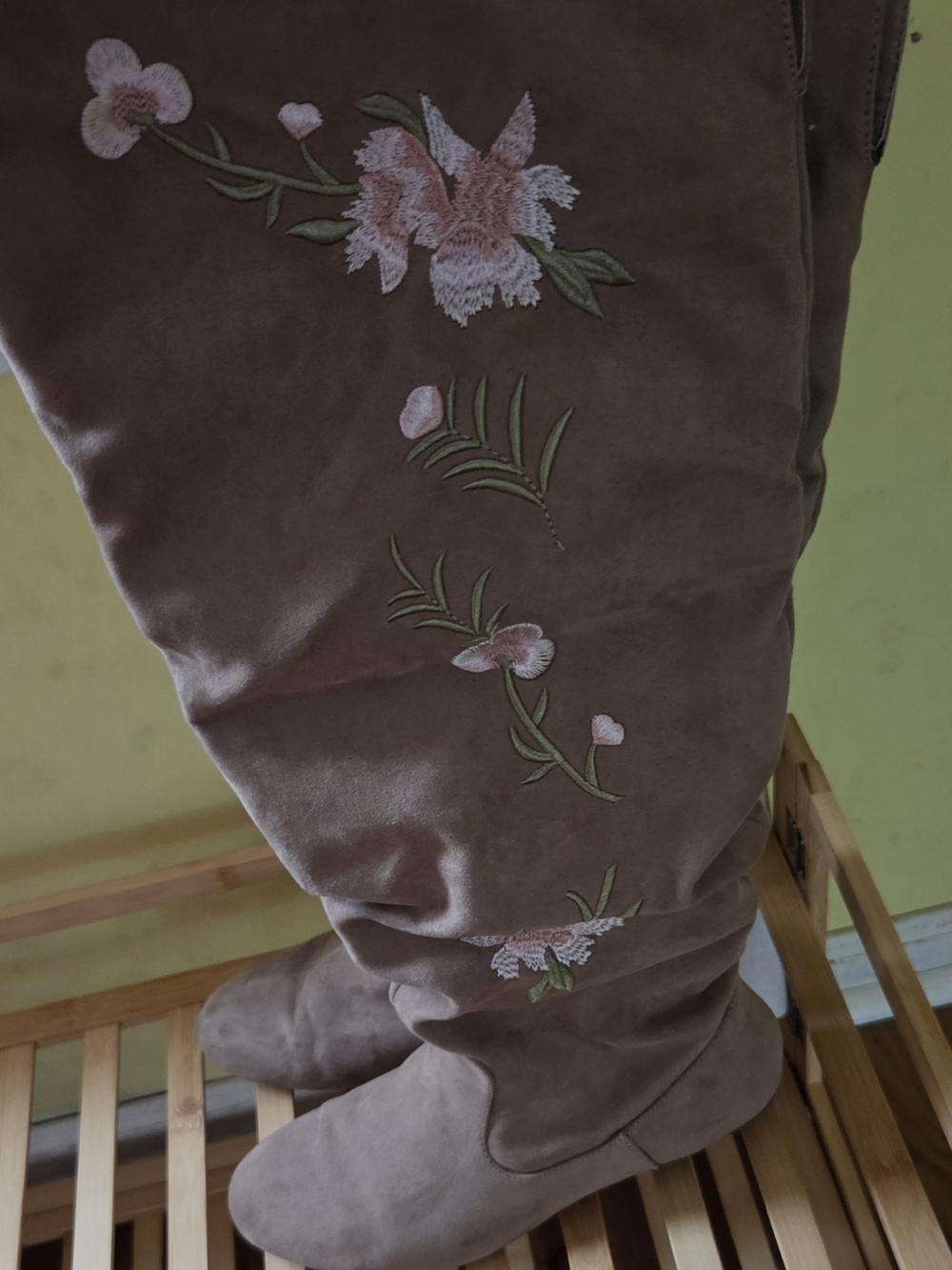 Taupe Suede Embroidered Over-the-Knee Boots